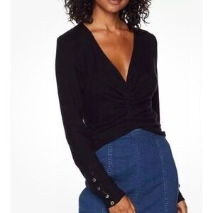 Free People All Types Of Twisted Pullover Top Black Long Sleeve V Neck Small‎